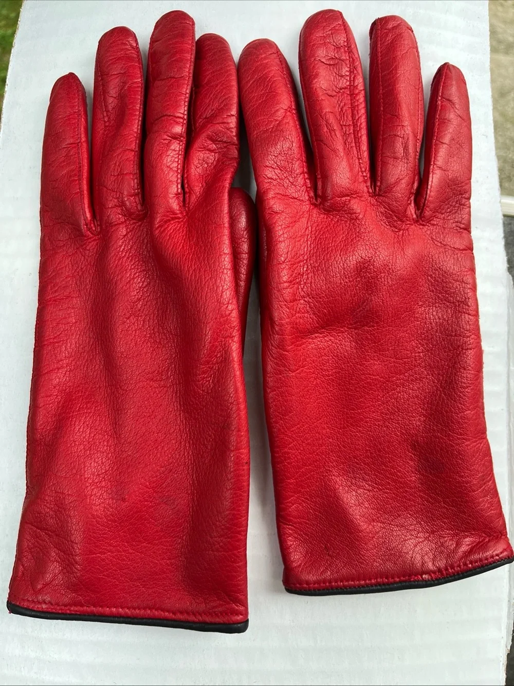 Classic Red Leather Women's Driving Gloves with Unique Black trim